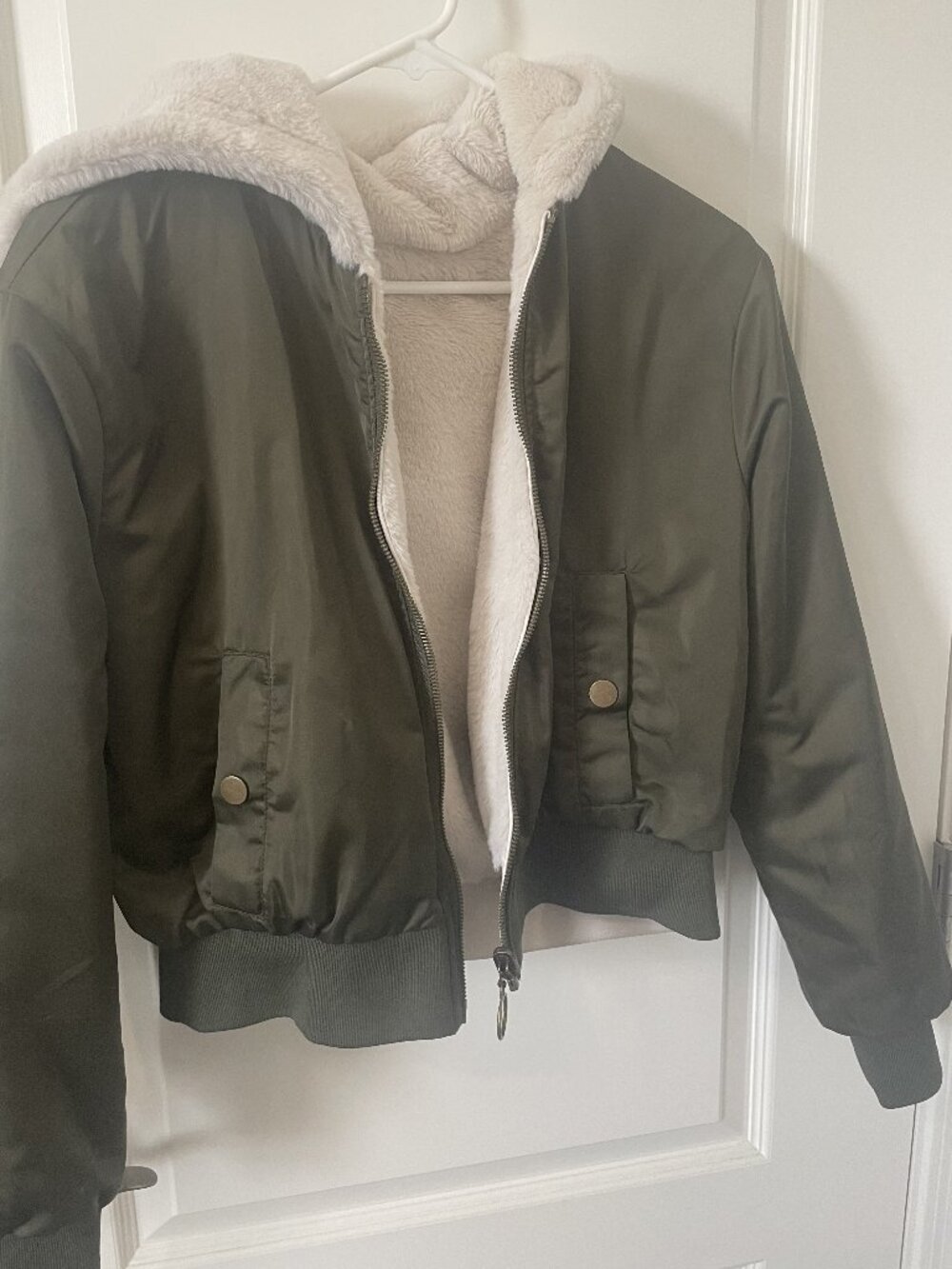 Women’s Sherpa Lined Bomber Jacket Green Hooded Size SMALL
